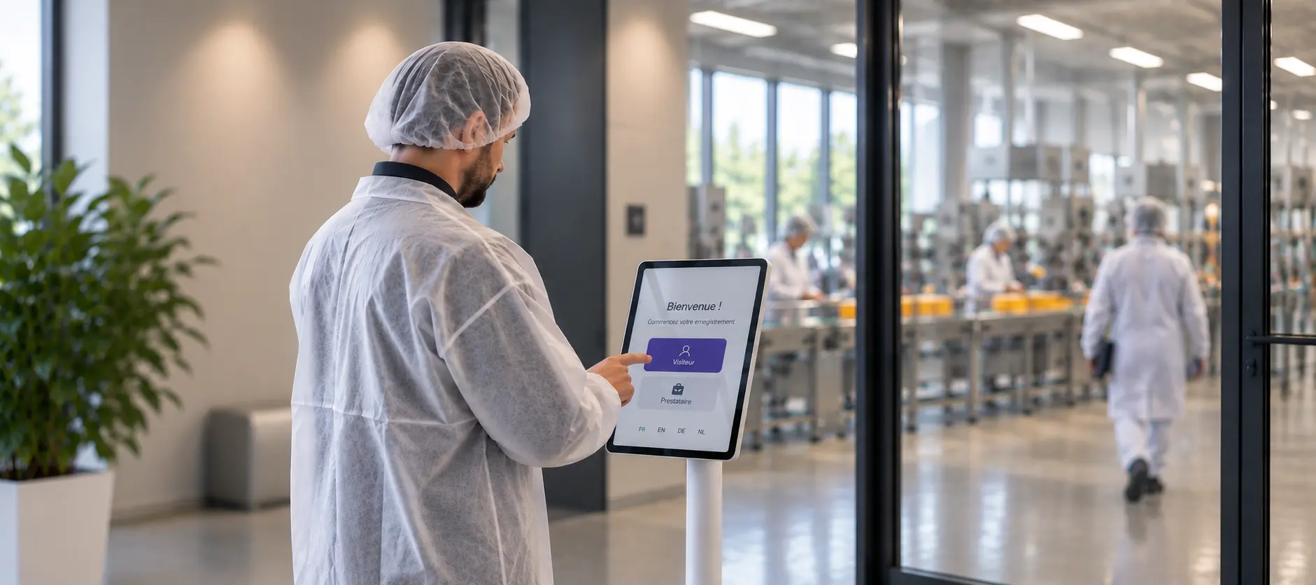 Prestataire en blouse et charlotte s'enregistrant sur la borne d'accueil visiteurs d'un site agroalimentaire, devant l'atelier de production