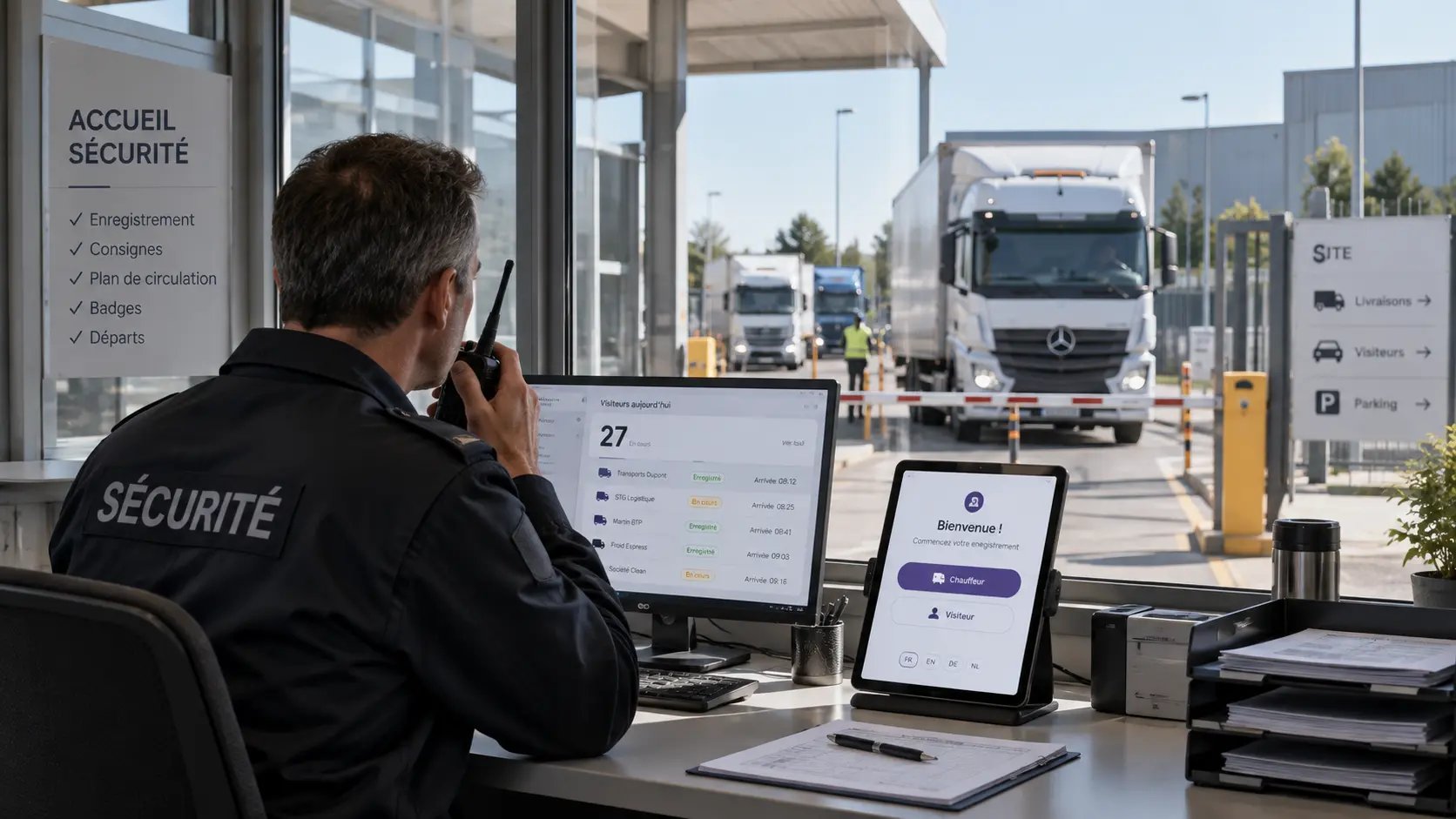 Agent de sécurité au poste de garde d'un site industriel, registre visiteurs à l'écran et borne d'enregistrement chauffeur, camions à la barrière
