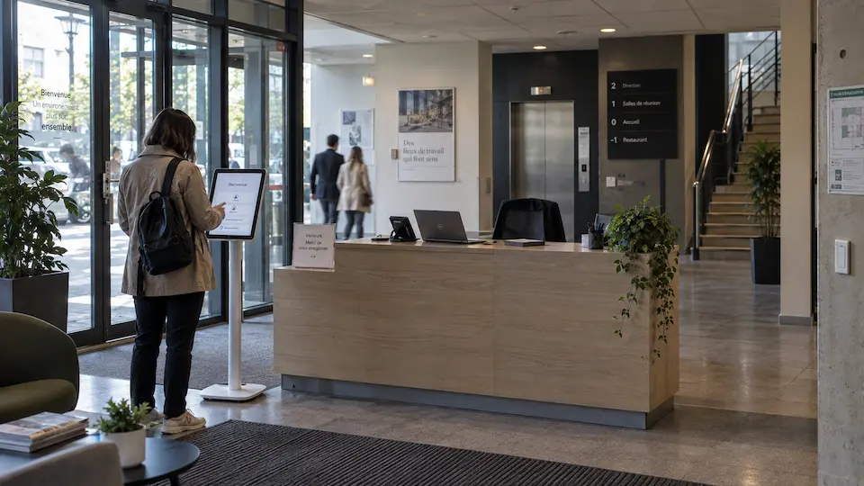 Agent d'accueil enregistrant un visiteur dans le hall d'un bâtiment tertiaire