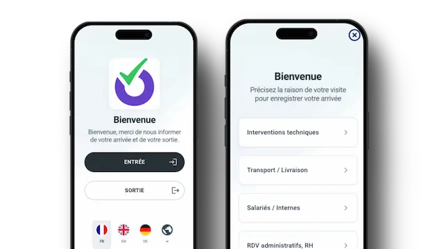 Enregistrement du visiteur depuis son téléphone, entrée, sortie et motif de visite